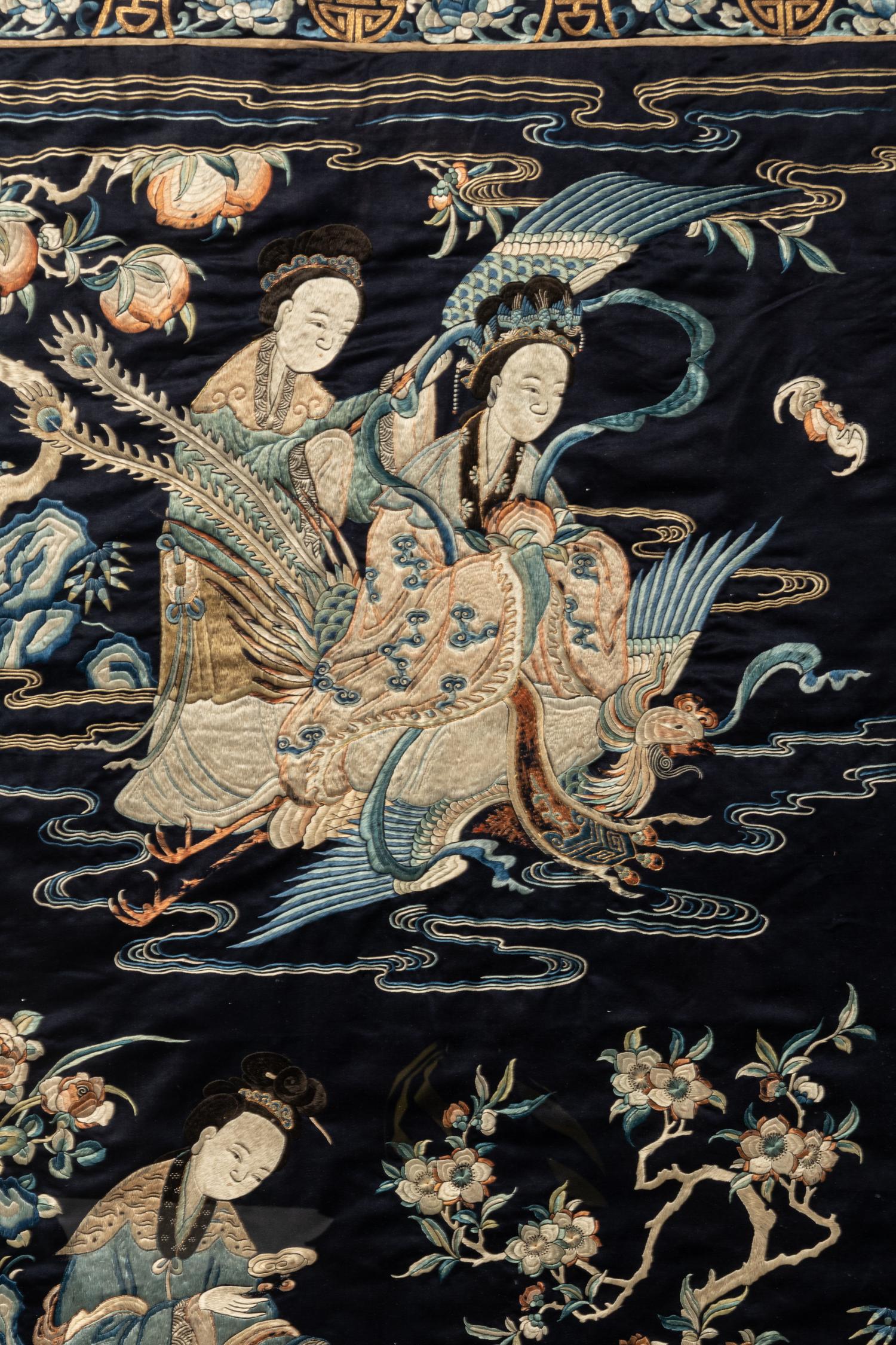 A Large Midnight Blue Satin Ground Embroidered Silk Panel
