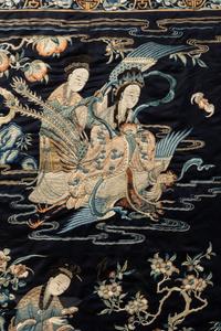 A Large Midnight Blue Satin Ground Embroidered Silk Panel