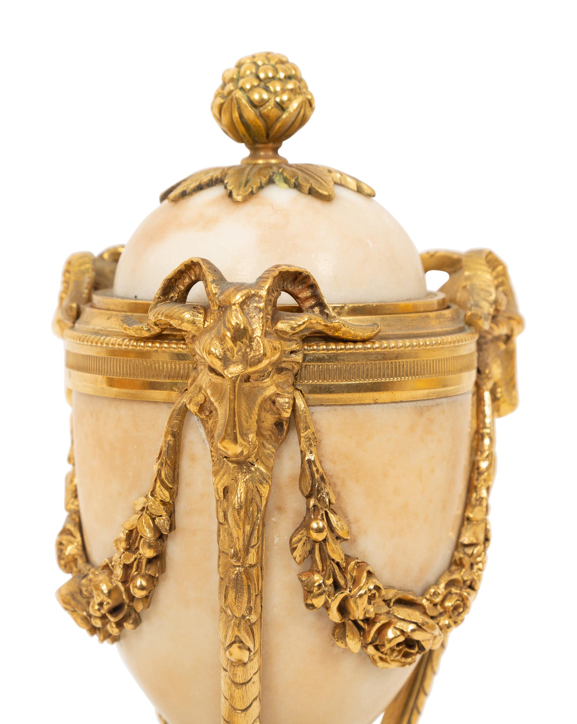 A Pair of Continental Gilt Bronze Mounted Marble Cassolettes
