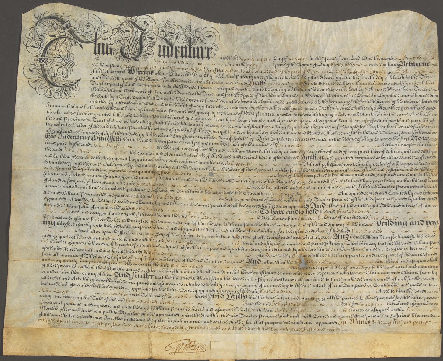 [Philadelphia] Penn, William. Signed Land Indenture