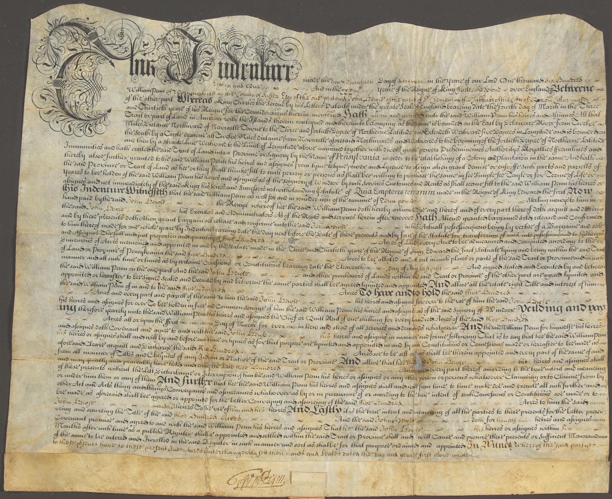[Philadelphia] Penn, William. Signed Land Indenture