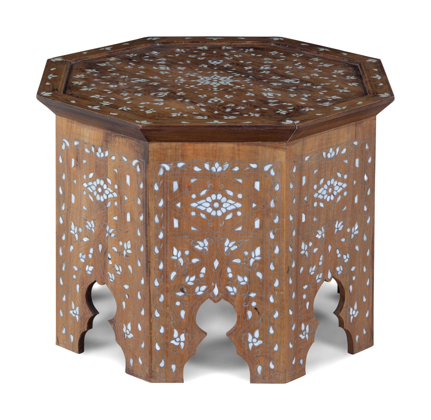 A Syrian Mother-of-Pearl and Metal Inlaid Walnut Table