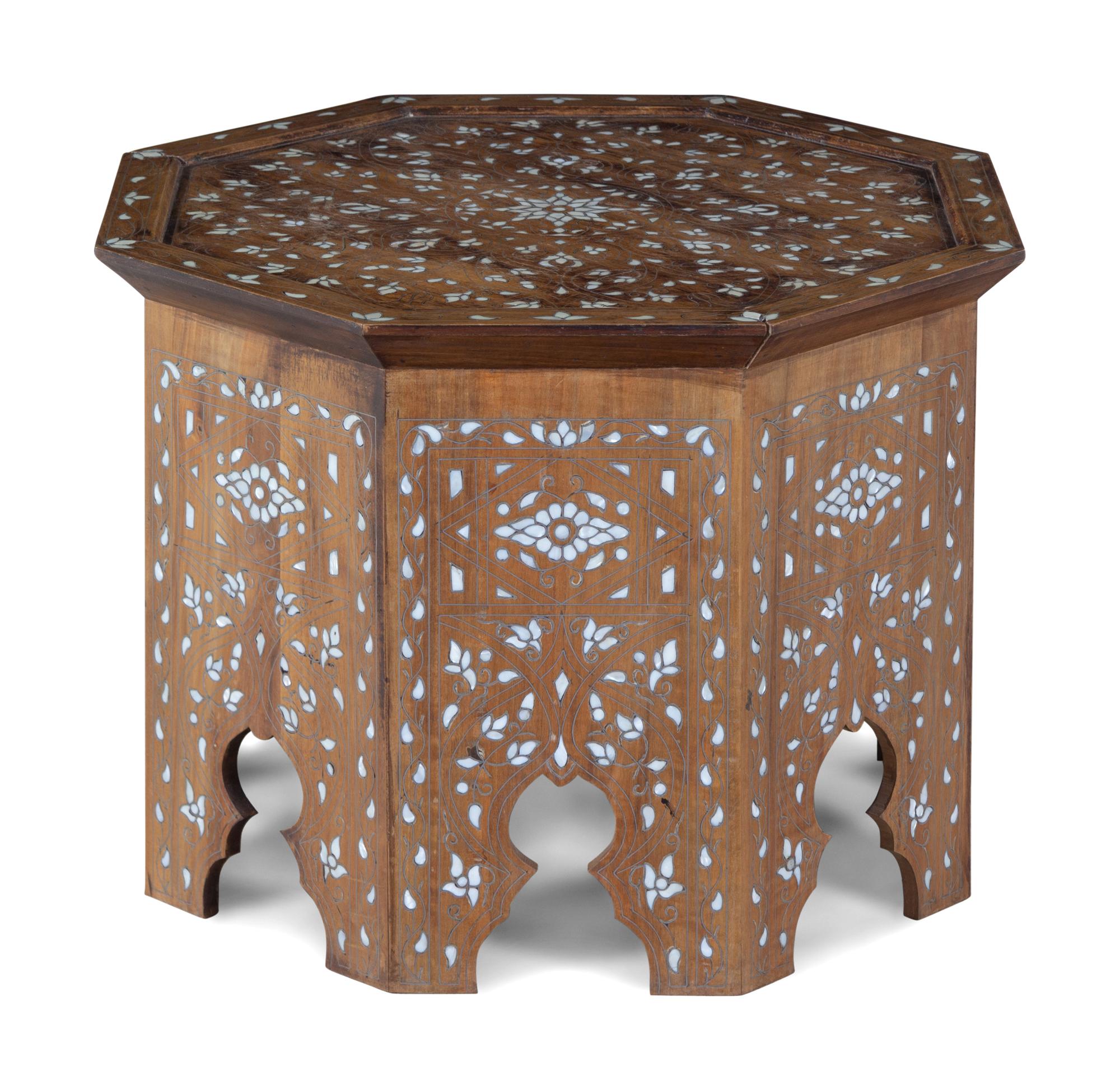 A Syrian Mother-of-Pearl and Metal Inlaid Walnut Table