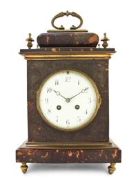 A Continental Tortoise Shell and Brass Mounted Bracket Clock, Height 13 3/8 x width 8 1/2 x depth 5 3/8 inches.