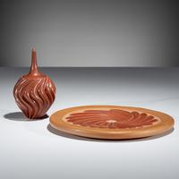Carved Redware Pottery Plate and Vase