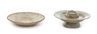Two Korean Celadon Glazed Porcelain Articles Diameter of larger 5 5/8 inches.