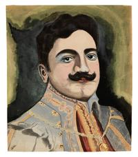 CARUSO, Enrico (1873-1921). Original watercolor, self portrait, signed in his right sleeve in print ("Enrico Caruso "). Ca 1906.