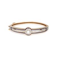 YELLOW GOLD, CULTURED PEARL, DIAMOND AND ENAMEL BANGLE BRACELET
