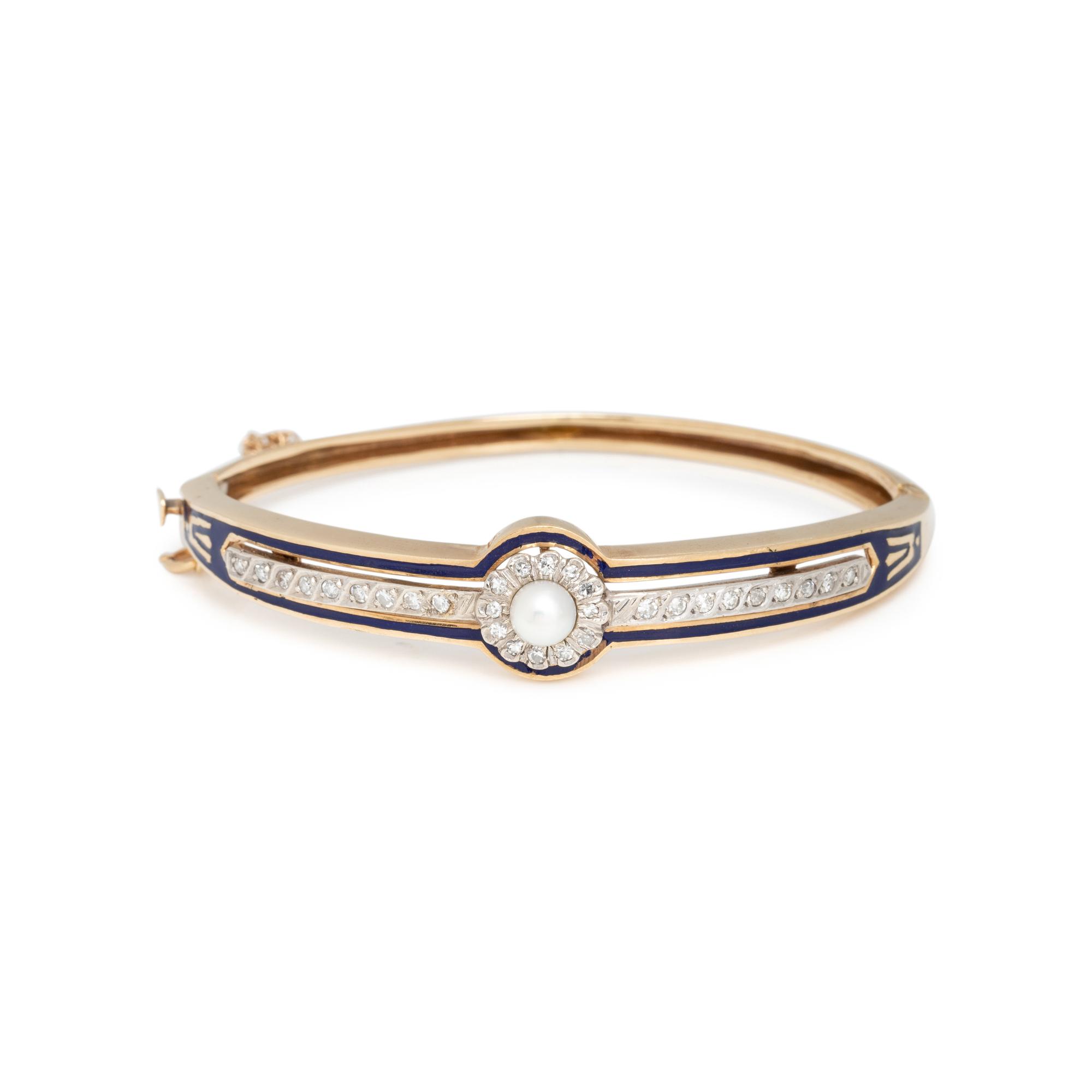 YELLOW GOLD, CULTURED PEARL, DIAMOND AND ENAMEL BANGLE BRACELET