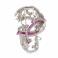 Diamond, Ruby, and Platinum Brooch