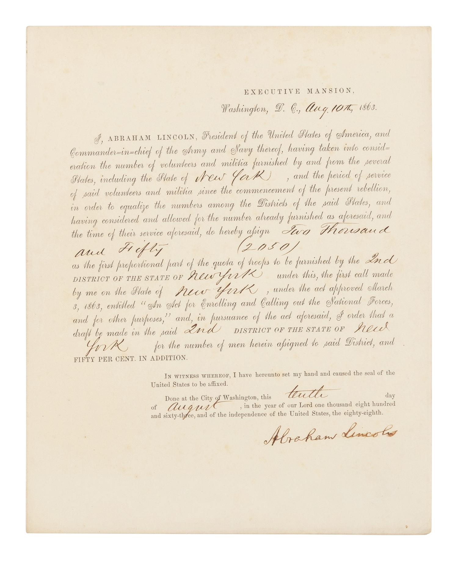 LINCOLN, Abraham (1809-1865). Partially printed document, signed ("Abraham Lincoln"). Executive Mansion, Washington, D.C., 10 August 1863.