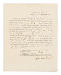 LINCOLN, Abraham (1809-1865). Partially printed document, signed ("Abraham Lincoln"). Executive Mansion, Washington, D.C., 10 August 1863.