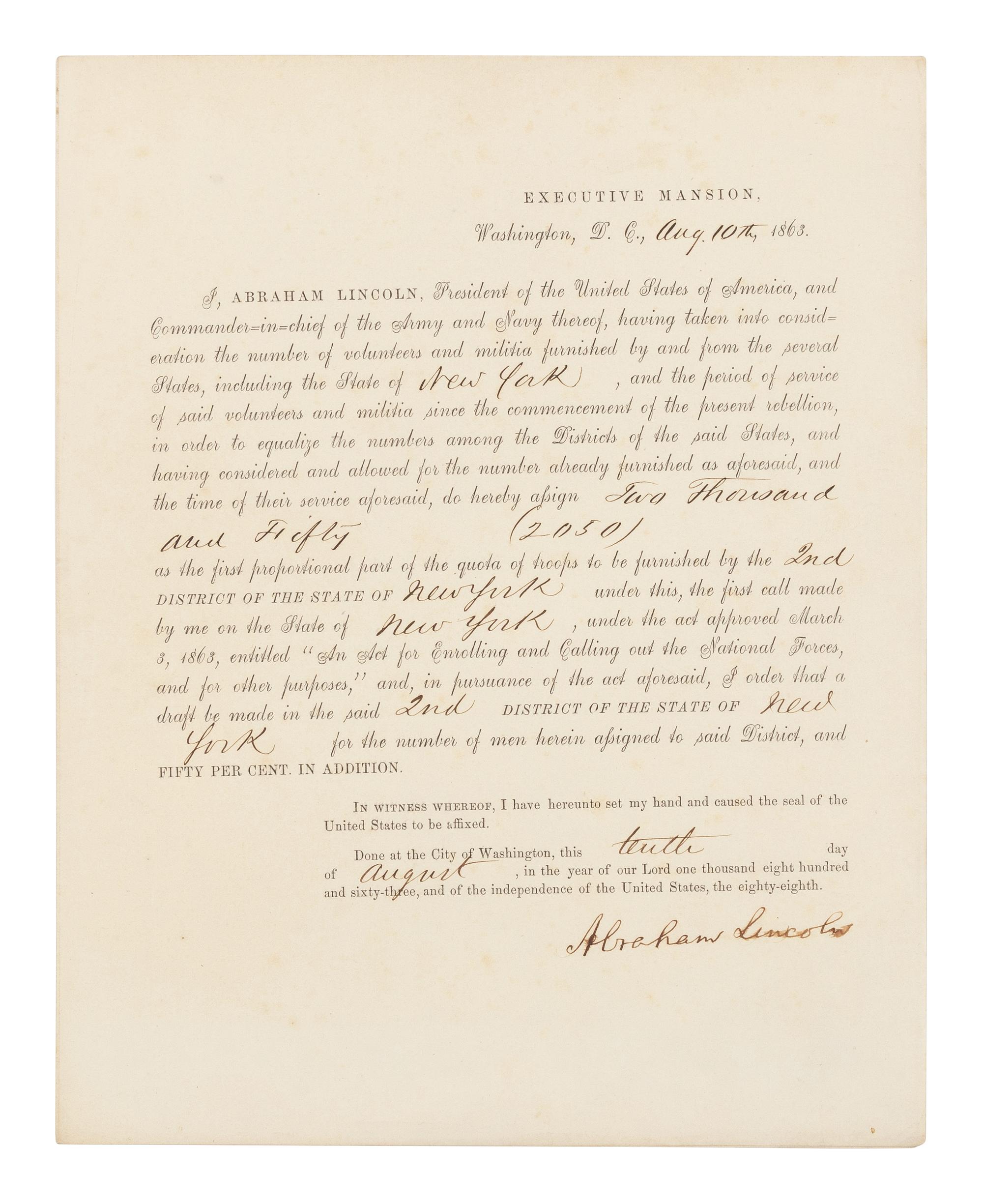 LINCOLN, Abraham (1809-1865). Partially printed document, signed ("Abraham Lincoln"). Executive Mansion, Washington, D.C., 10 August 1863.