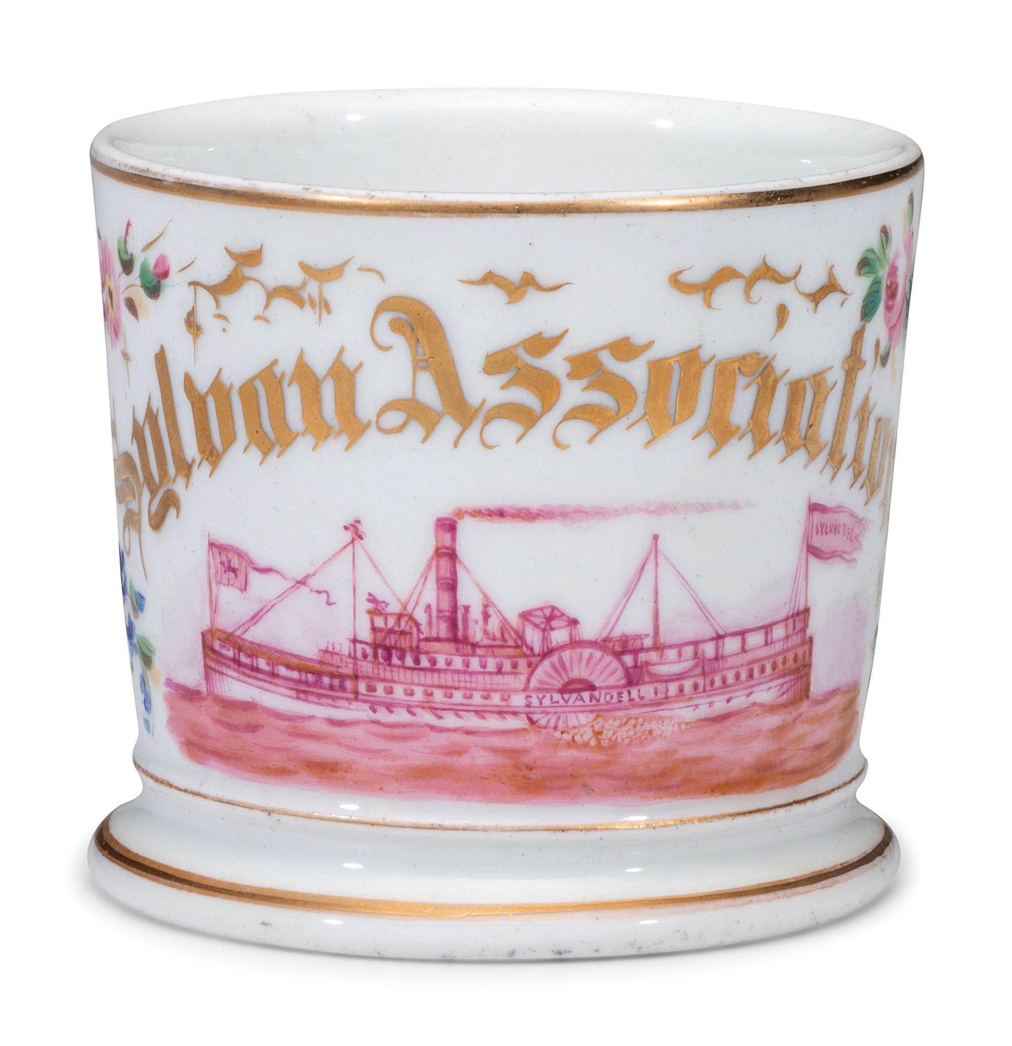 A Porcelain Shaving Mug Depicting a Hudson River Paddle Wheeler
