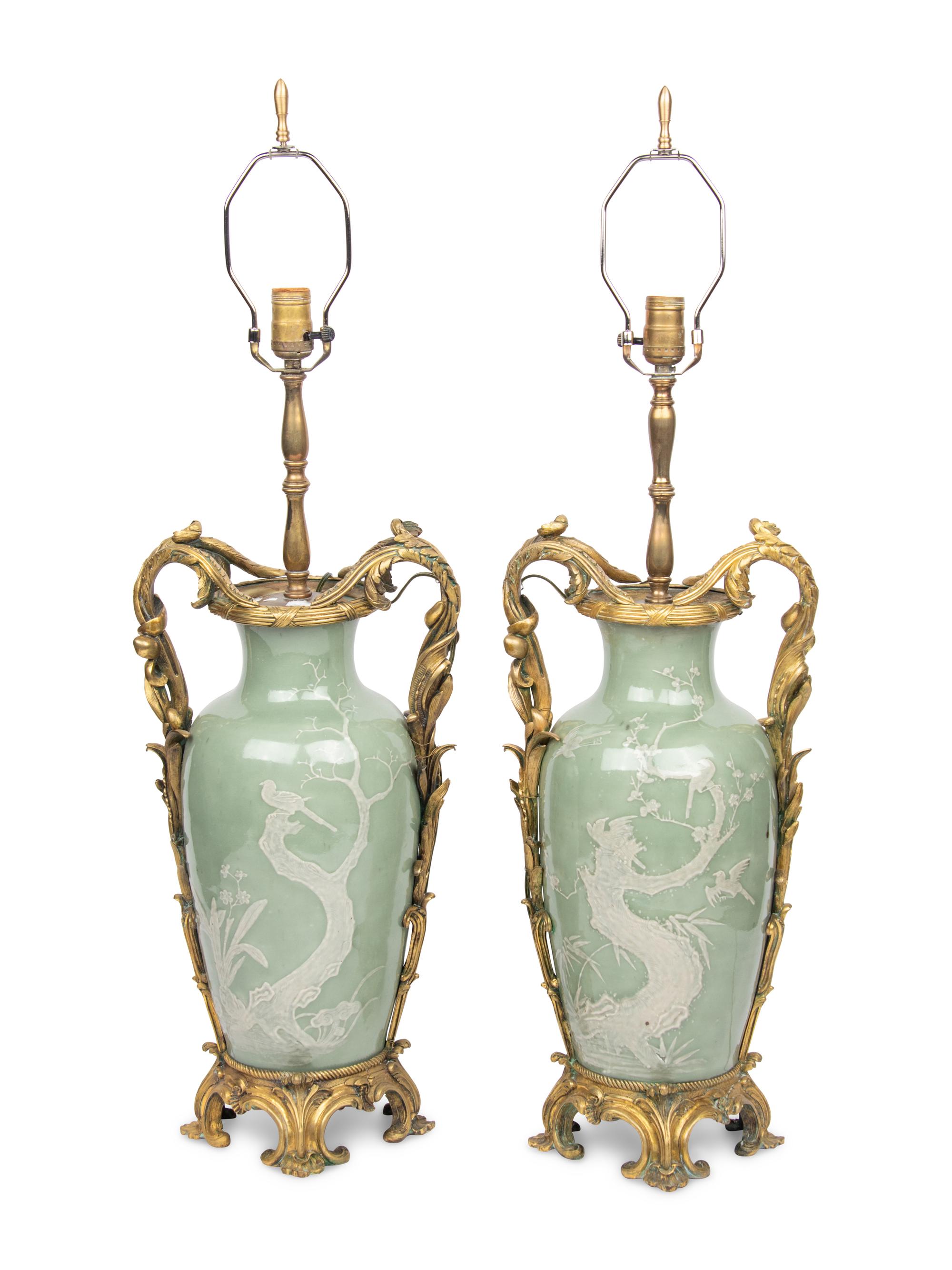 A Pair of French Gilt Bronze Mounted Chinese Celadon Porcelain Vases