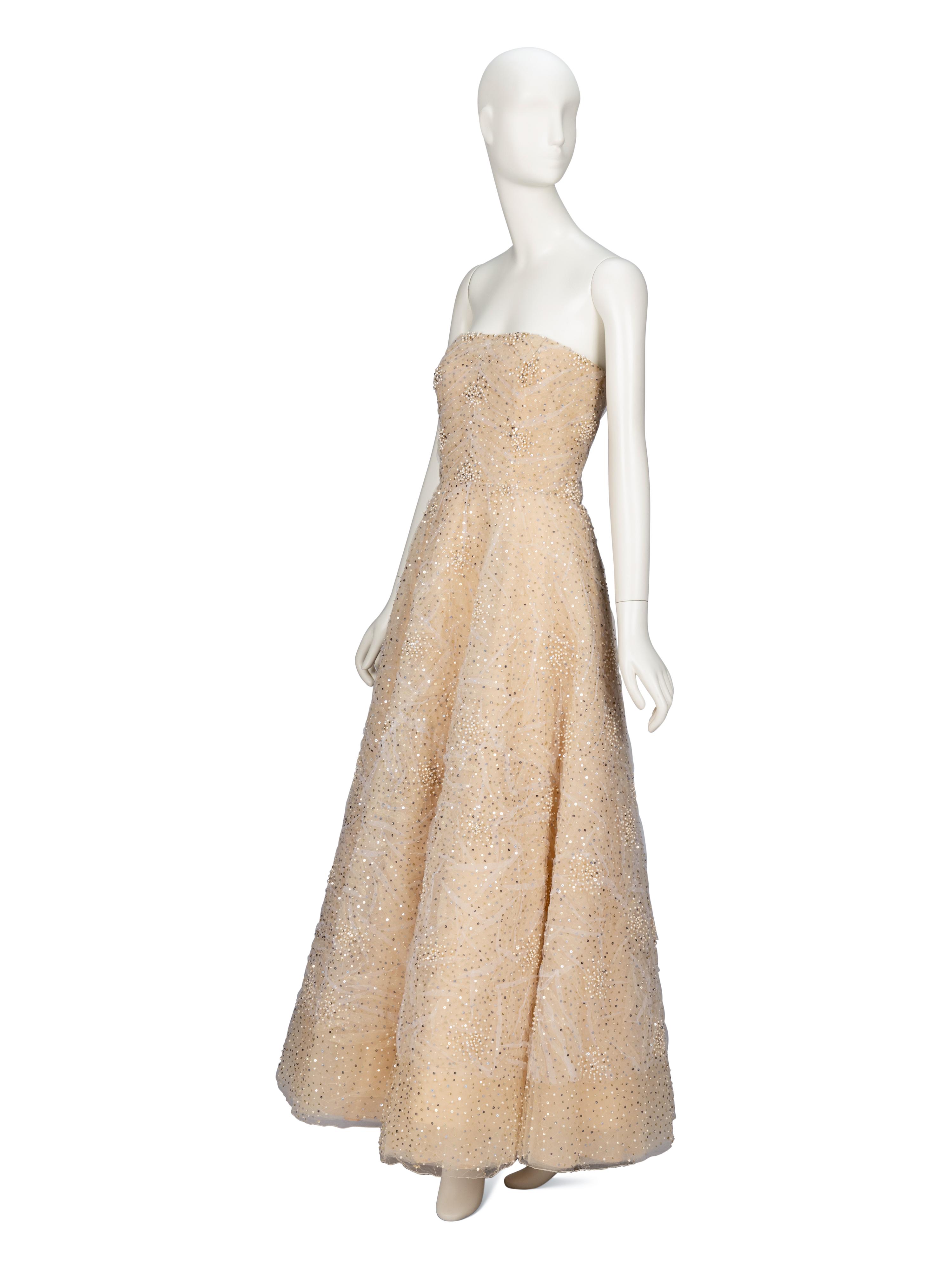 Oscar de la Renta, Embellished Champagne Tulle Evening Gown
