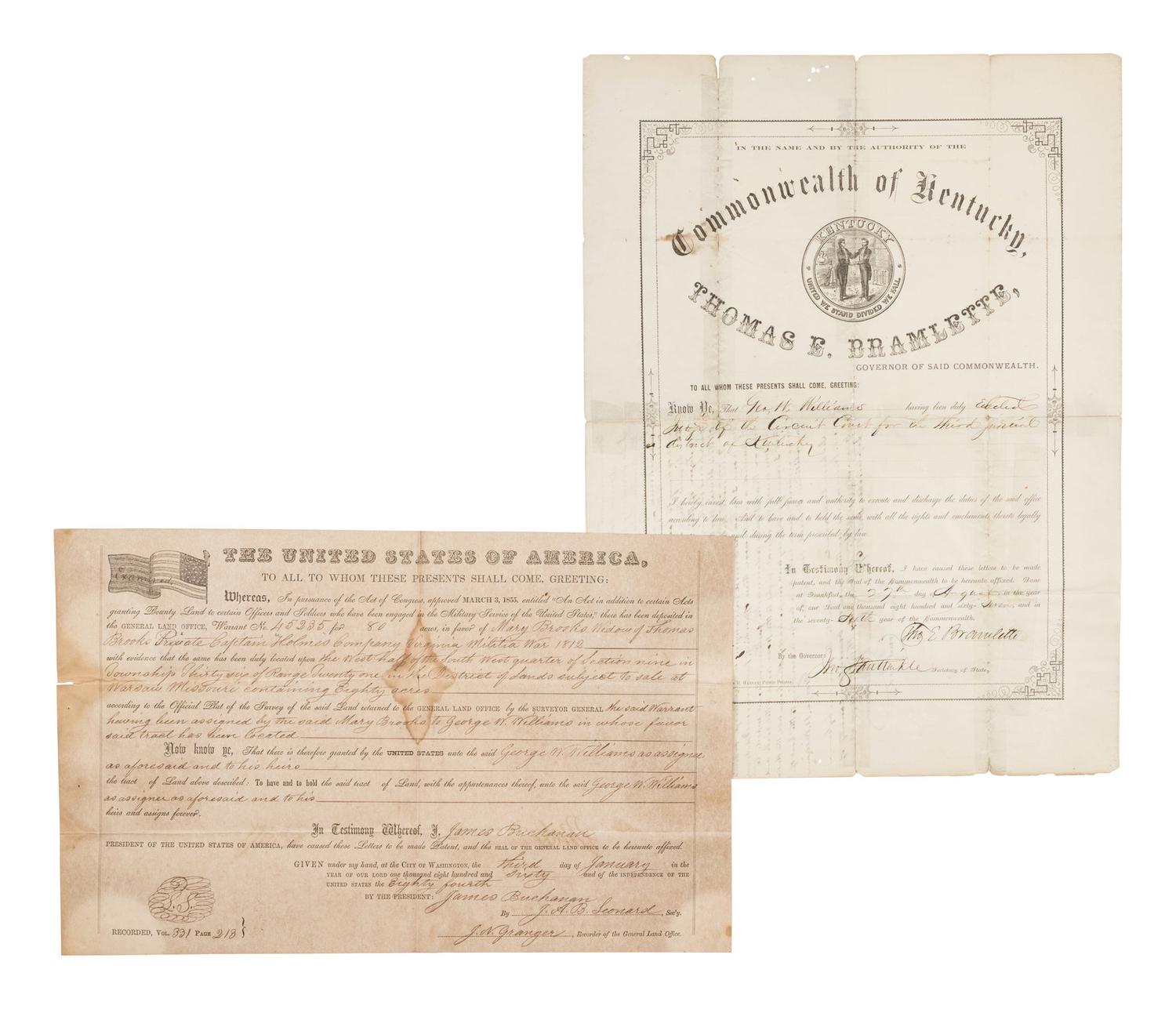 [BUCHANAN, James (1791-1868)] -- [KENTUCKY]. Partly printed land grant secretarily signed ("James Buchanan"). Washington, D.C., 3 January 1860.