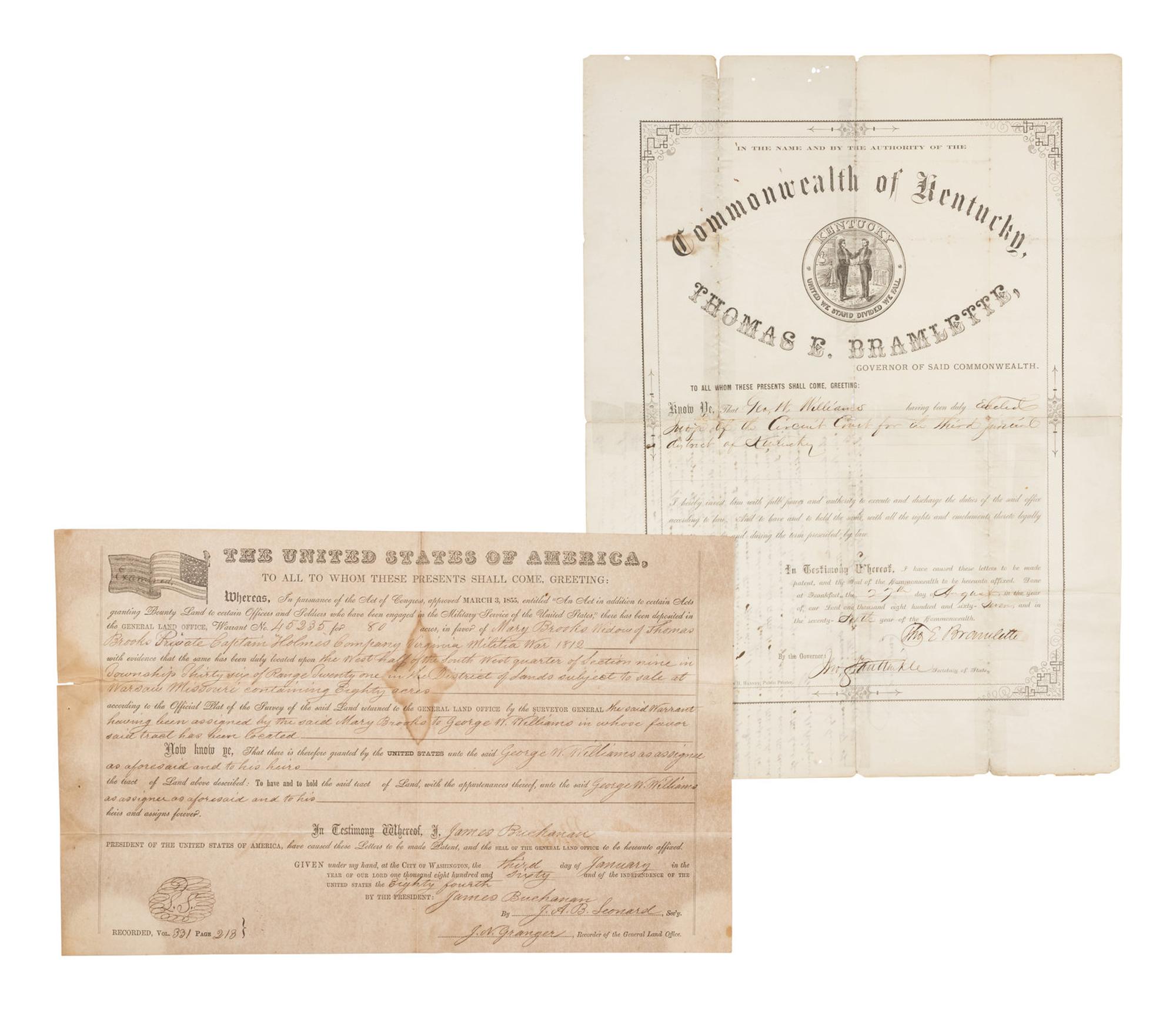 [BUCHANAN, James (1791-1868)] -- [KENTUCKY]. Partly printed land grant secretarily signed ("James Buchanan"). Washington, D.C., 3 January 1860.