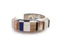 Silver Cuff Bracelet with Turquoise, Coral, and Lapis Cobblestone Inlay