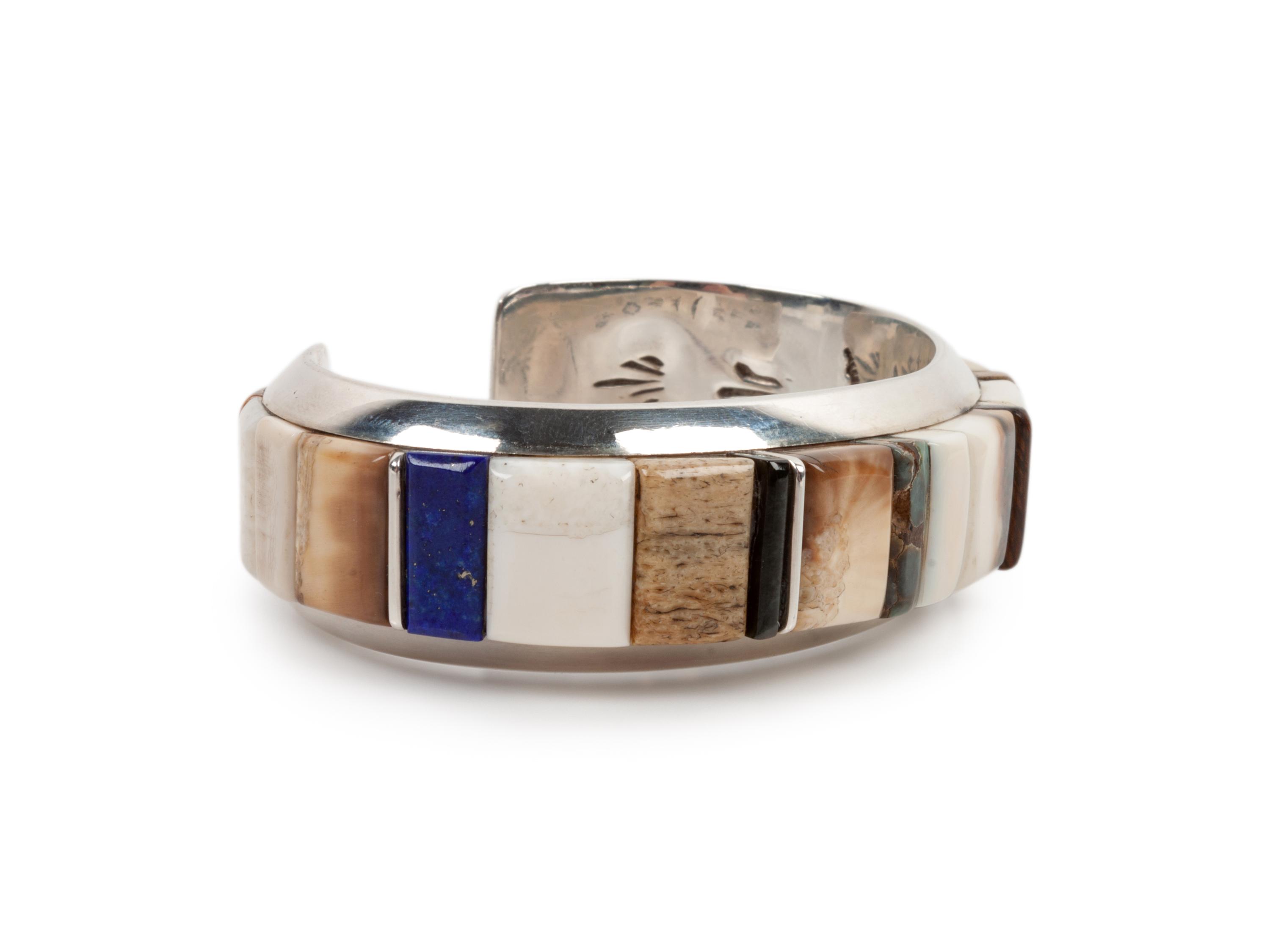 Silver Cuff Bracelet with Turquoise, Coral, and Lapis Cobblestone Inlay