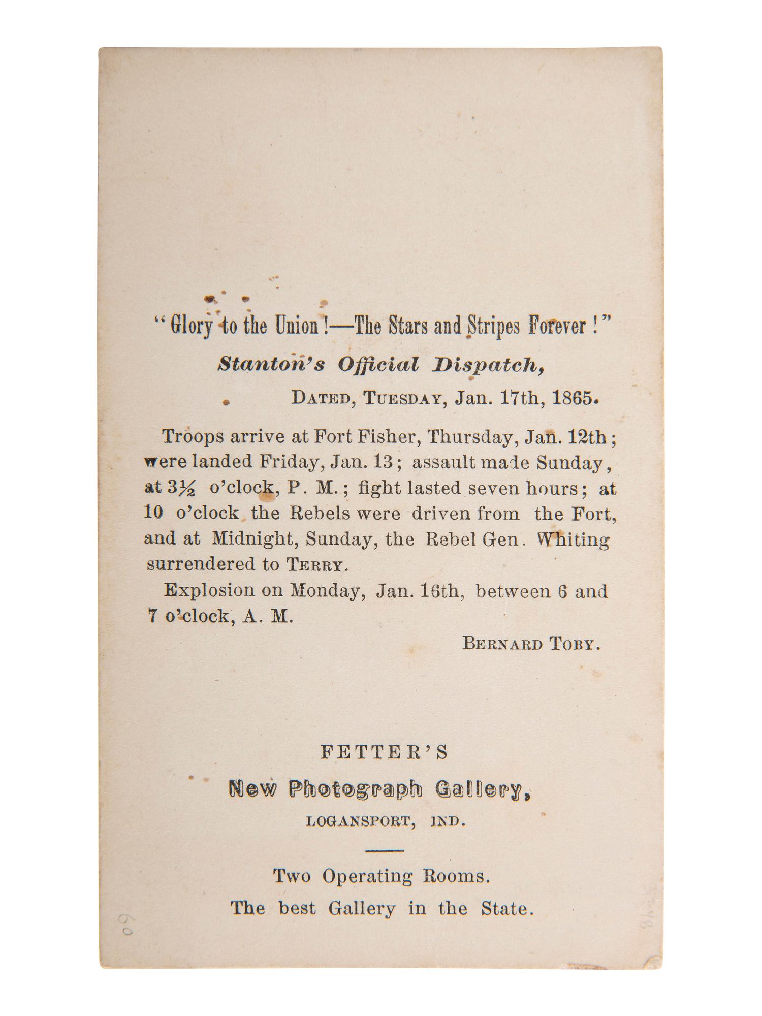 [CIVIL WAR]. FETTER, photographer. "Stanton's Official Dispatch," CDV featuring identified double amputee from Fort Fisher. Logansport, IN: 1865.