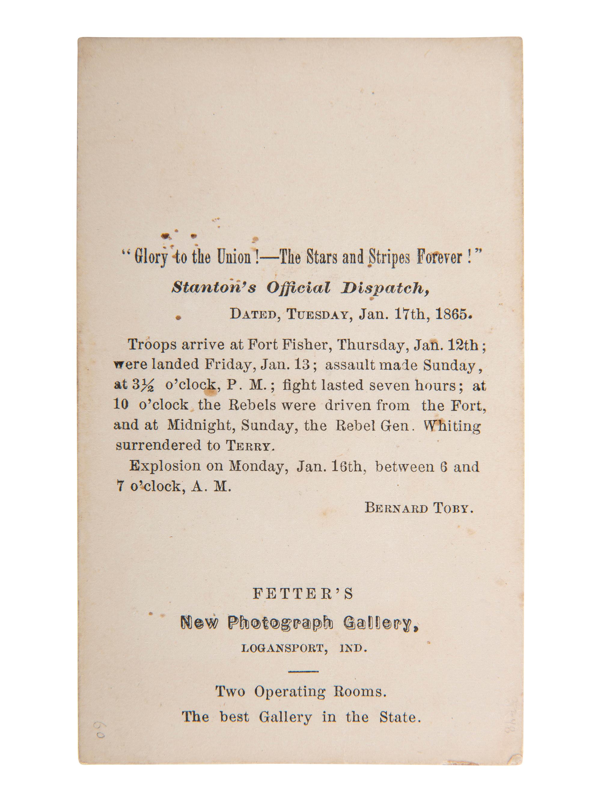[CIVIL WAR]. FETTER, photographer. "Stanton's Official Dispatch," CDV featuring identified double amputee from Fort Fisher. Logansport, IN: 1865.