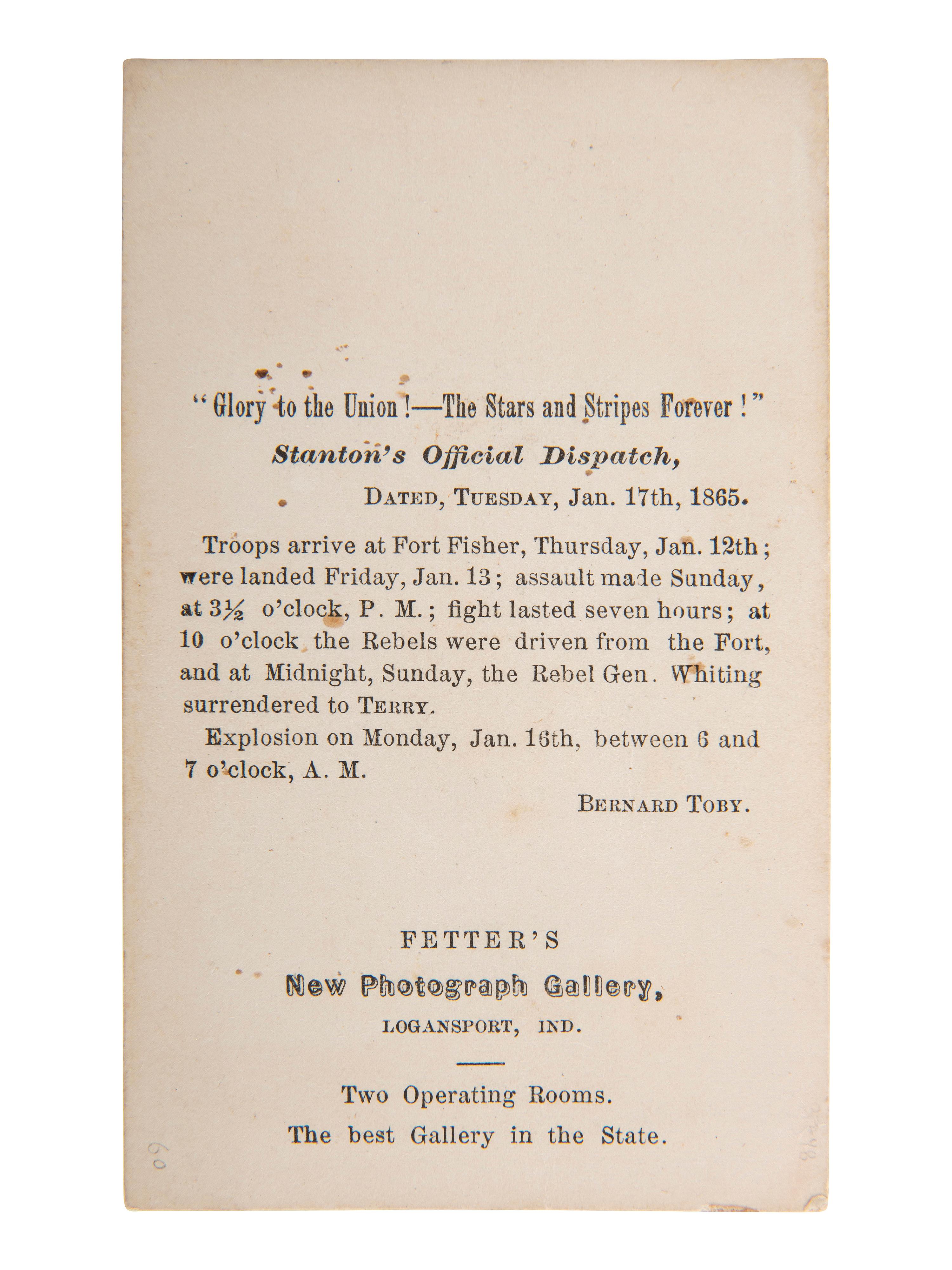 [CIVIL WAR]. FETTER, photographer. "Stanton's Official Dispatch," CDV featuring identified double amputee from Fort Fisher. Logansport, IN: 1865.