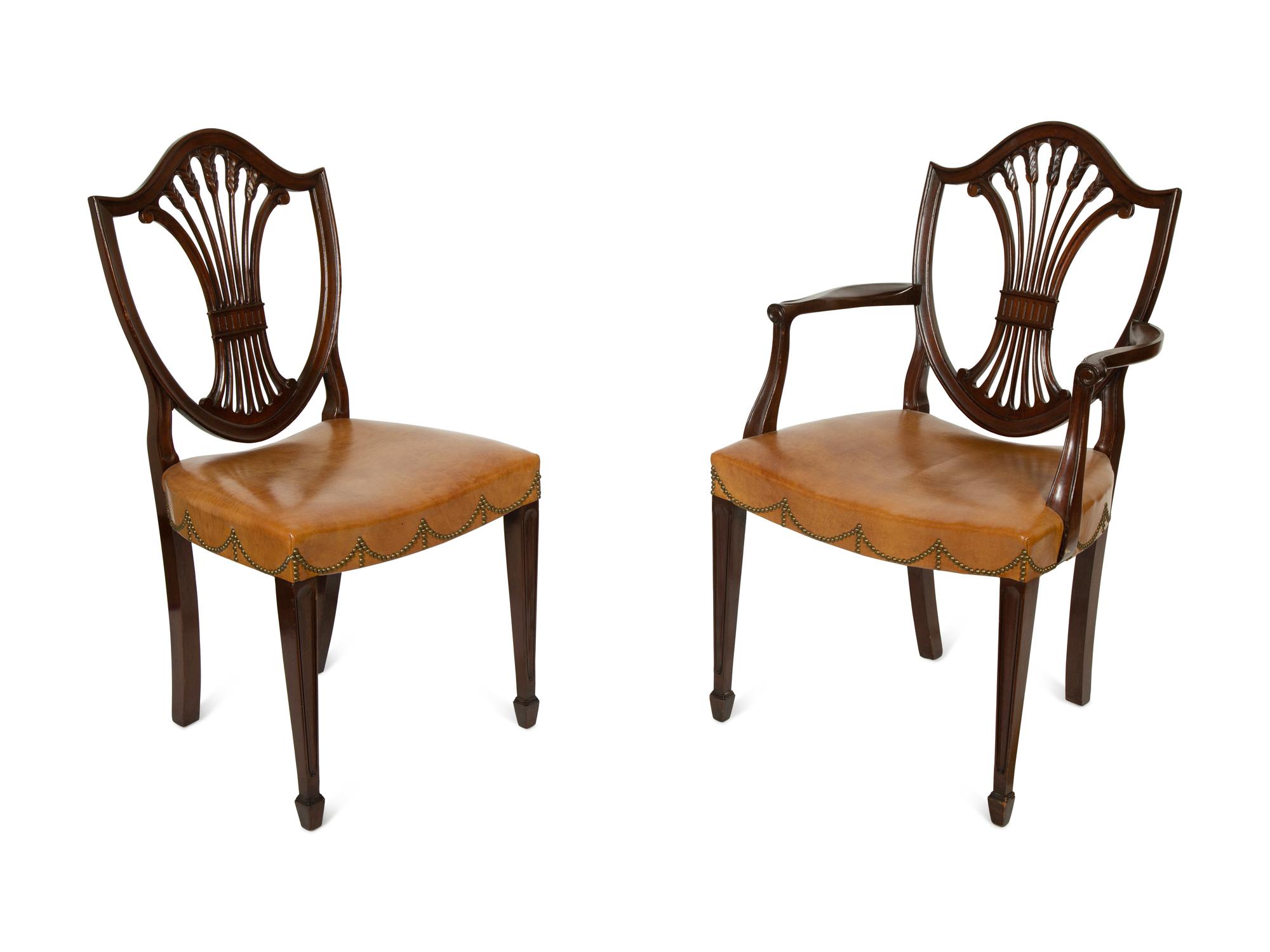 A Set of Ten George III Style Leather-Upholstered Mahogany Dining Chairs