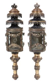 A Pair of Italian Brass Carriage Lanterns, Olimpio Bertoni, Height 43 inches.