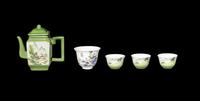 A Five-Piece Chinese Green Ground Famille Rose Porcelain Tea Set