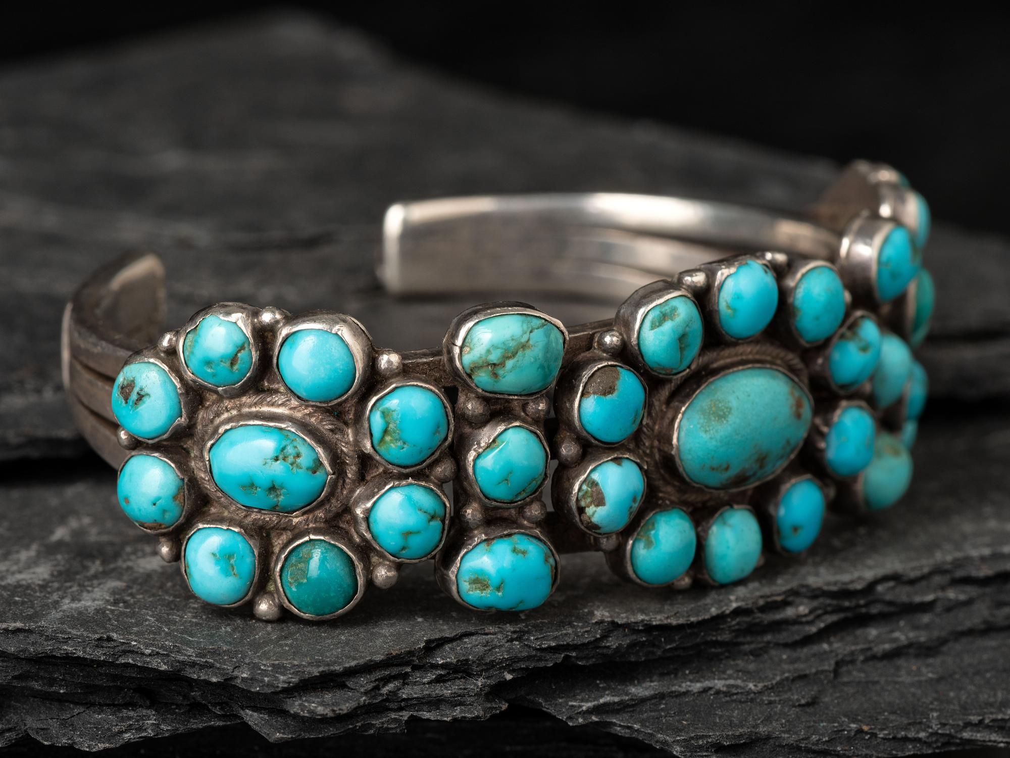 Navajo or Zuni Silver and Turquoise Cluster Cuff Bracelet