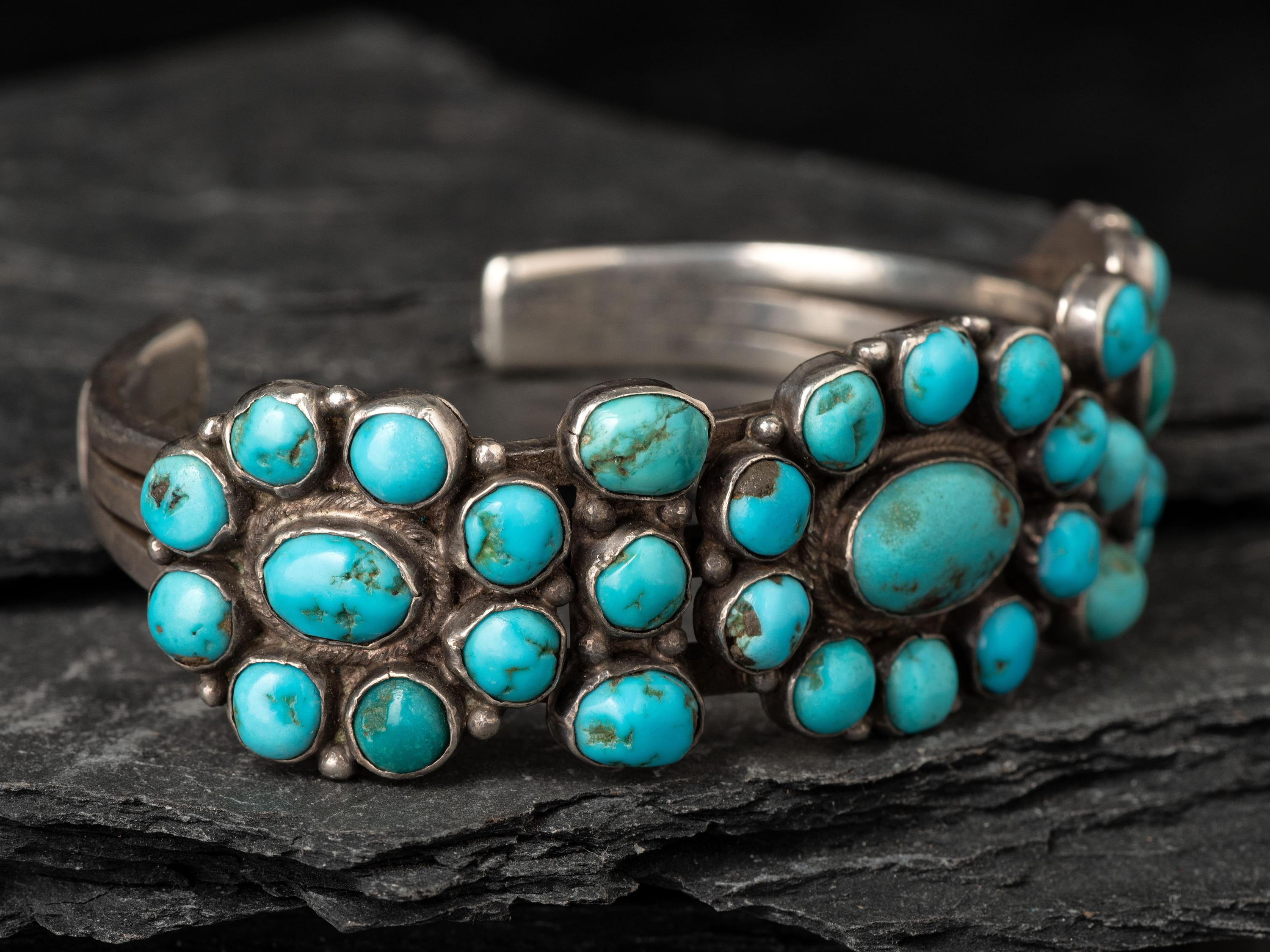 Navajo or Zuni Silver and Turquoise Cluster Cuff Bracelet
