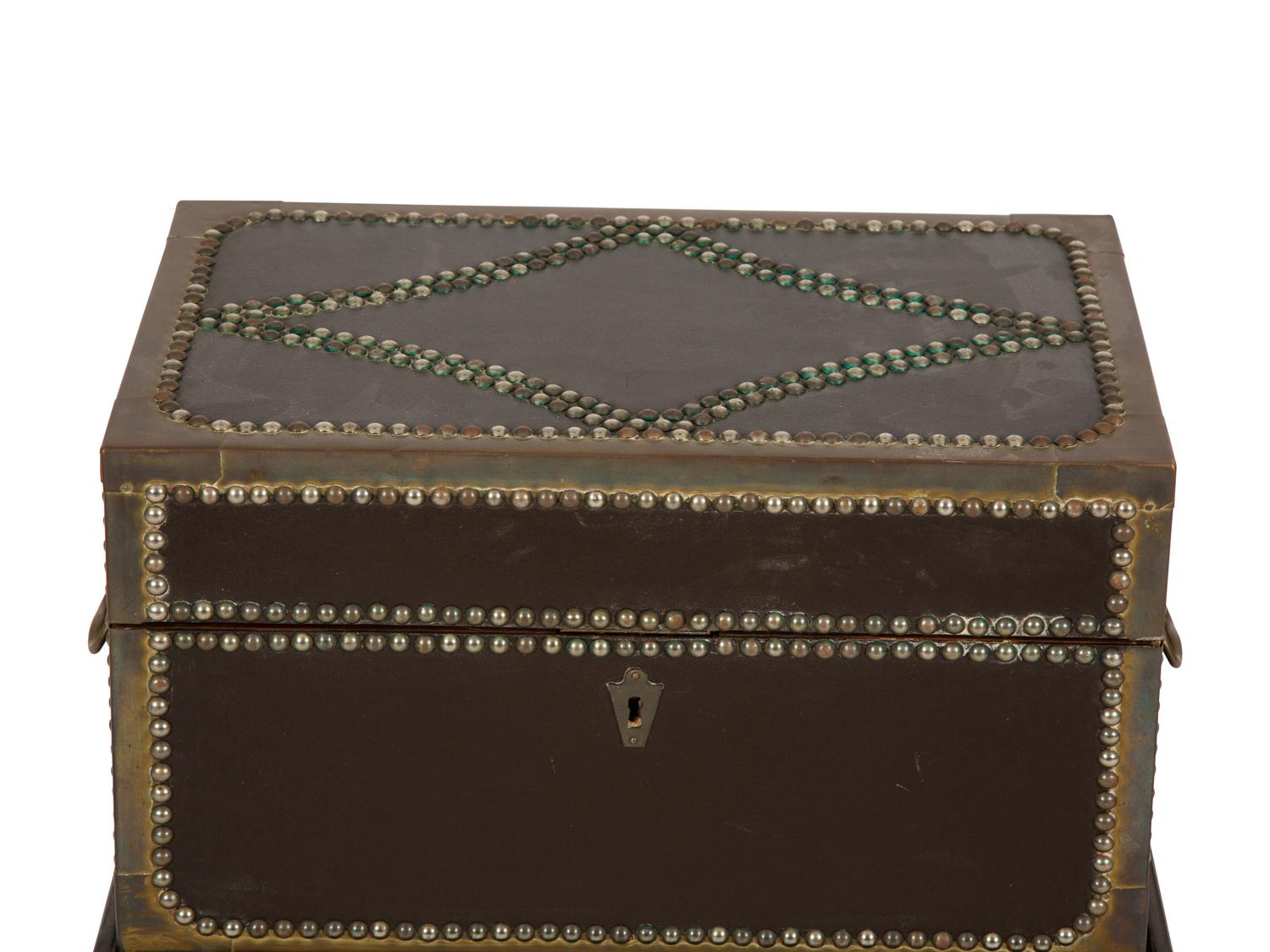 An English Brass Bound Leather Box with Brass Nailhead Trim on a Fitted Mahogany Stand