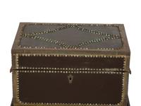 An English Brass Bound Leather Box with Brass Nailhead Trim on a Fitted Mahogany Stand