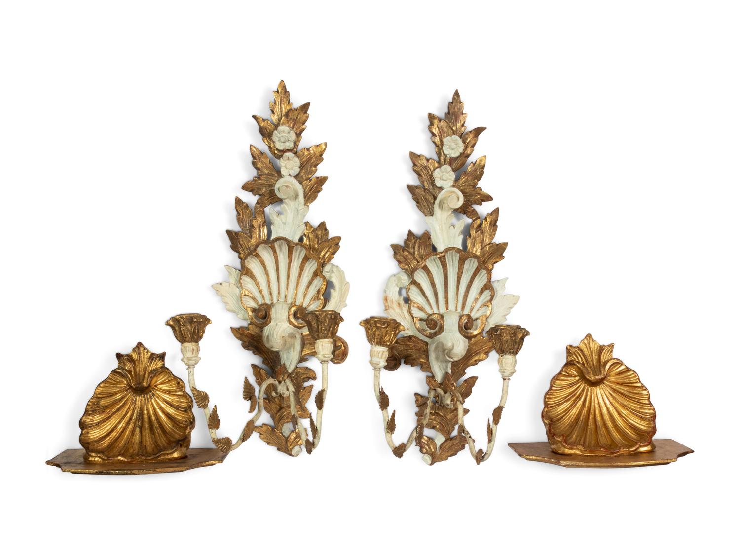 A Pair of Italian Giltwood and Metal Sconces and a Pair of Giltwood Shell Wall Brackets