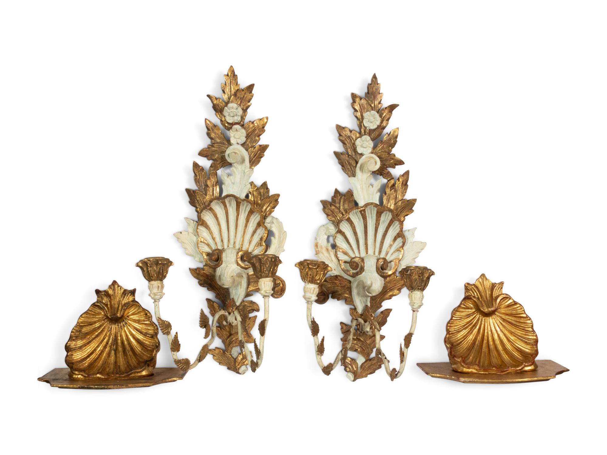 A Pair of Italian Giltwood and Metal Sconces and a Pair of Giltwood Shell Wall Brackets