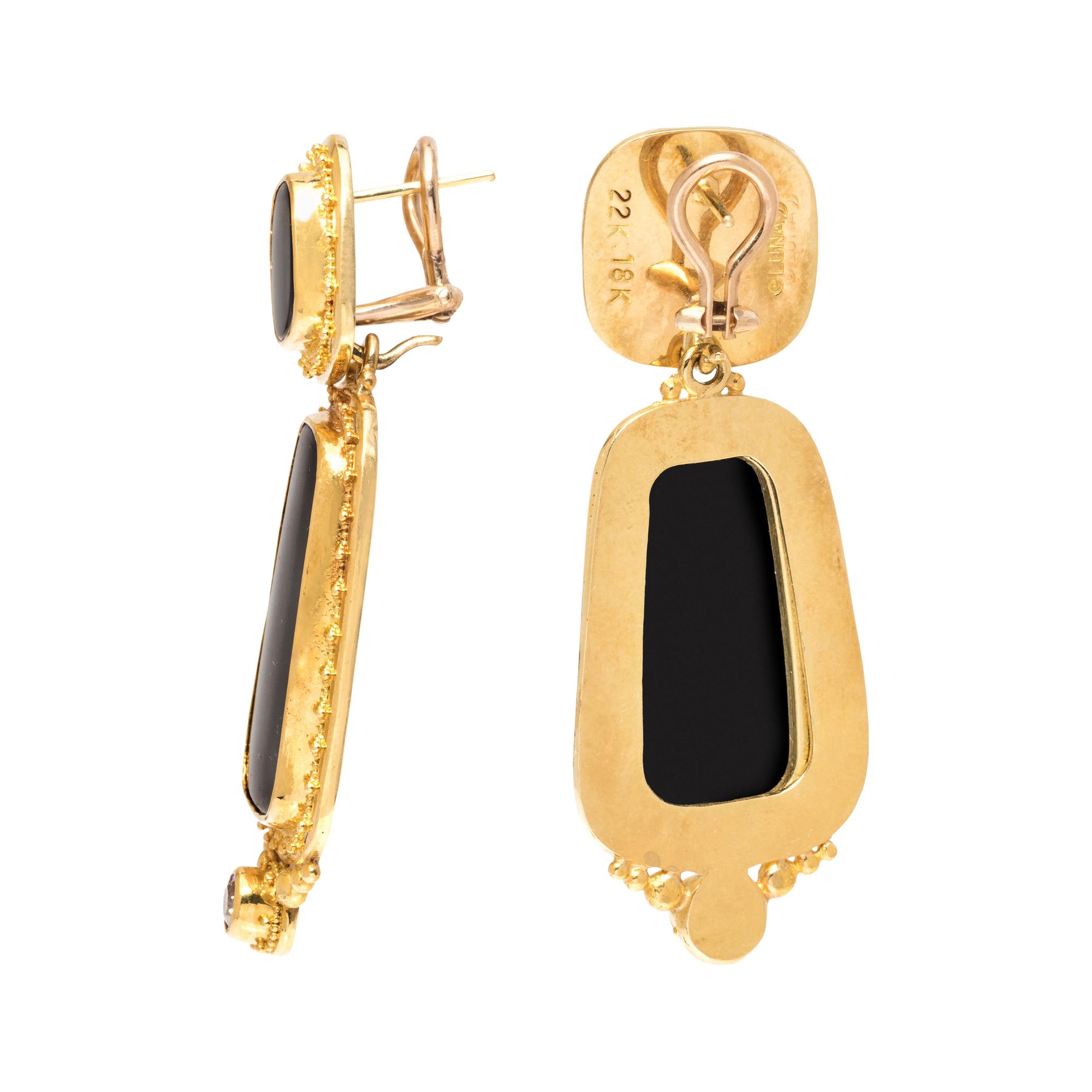 LUNA FELIX GOLDSMITH, YELLOW GOLD, ONYX AND COLORED DIAMOND CONVERTIBLE EARCLIPS