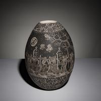 Hector Javier Martinez Mendez and Gabriela Perez de Martinez (Mata Ortiz, 20th century) — Black-on-Cream Sgraffito Pottery Jar, Remembering Artist Past - Night