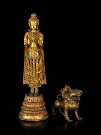 A Thai Gilt Bronze Figure of Standing Buddha and a Southeast Asian Bronze Figure of a Mythical Beast