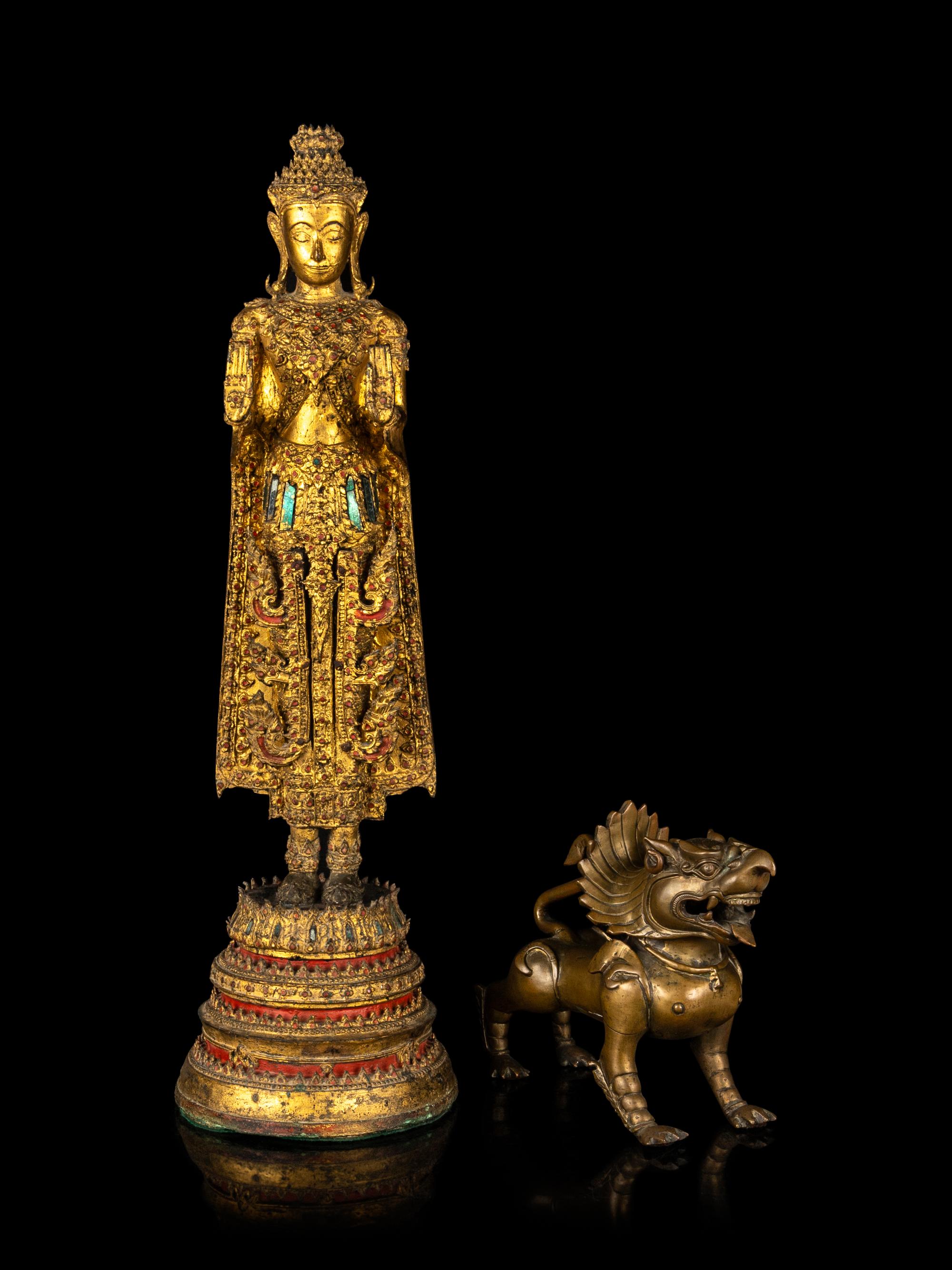 A Thai Gilt Bronze Figure of Standing Buddha and a Southeast Asian Bronze Figure of a Mythical Beast
