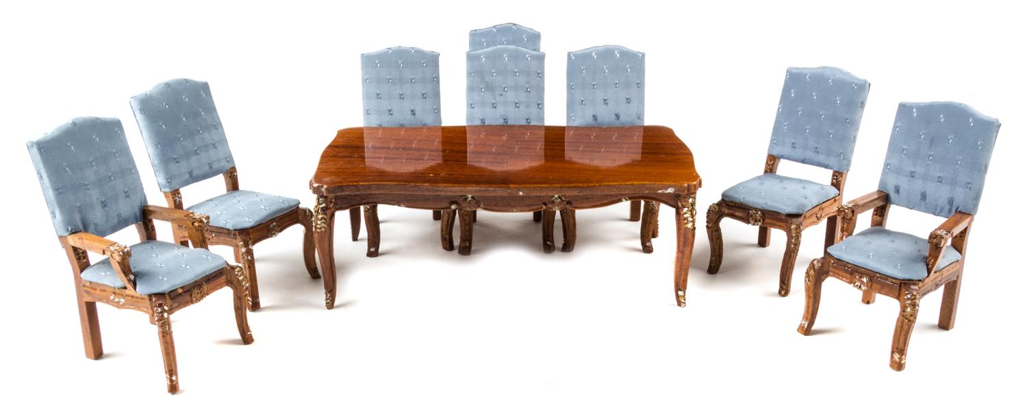 A Louis XV Provincial Style Dining Suite Height of table 2 1/2 x width 7 x depth 3 7/8 inches. — George Becker, 1976
