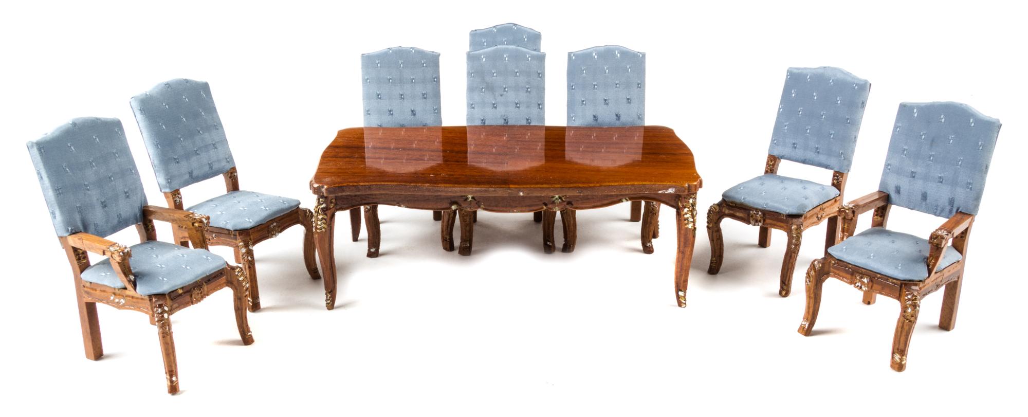 A Louis XV Provincial Style Dining Suite Height of table 2 1/2 x width 7 x depth 3 7/8 inches. — George Becker, 1976
