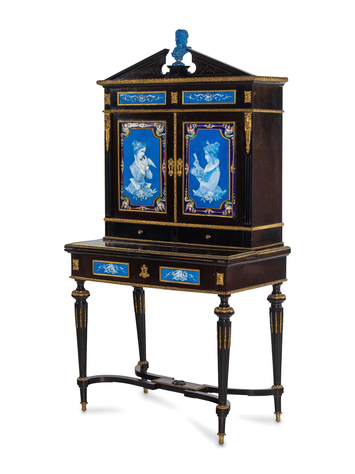 A Napoleon III Ebonized and Glazed Pottery Plaque-Mounted Secrétaire