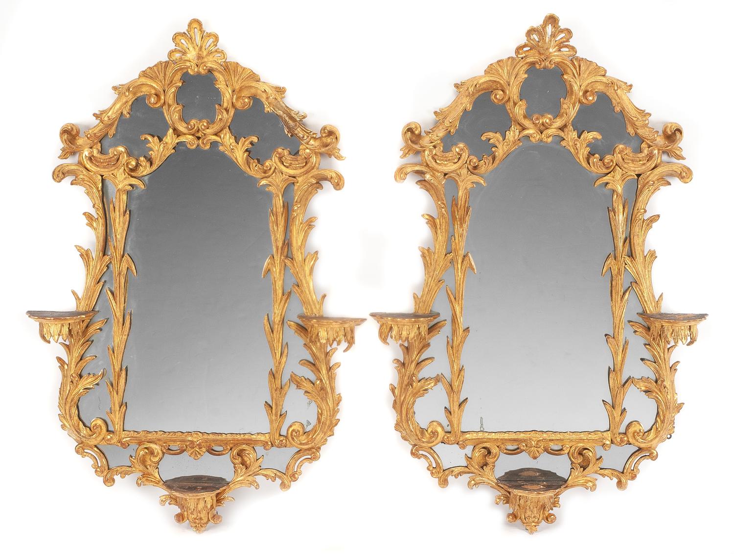 A Pair of Chippendale Style Carved Giltwood Mirrors Height 42 x width 27 inches. — CIRCA 1800