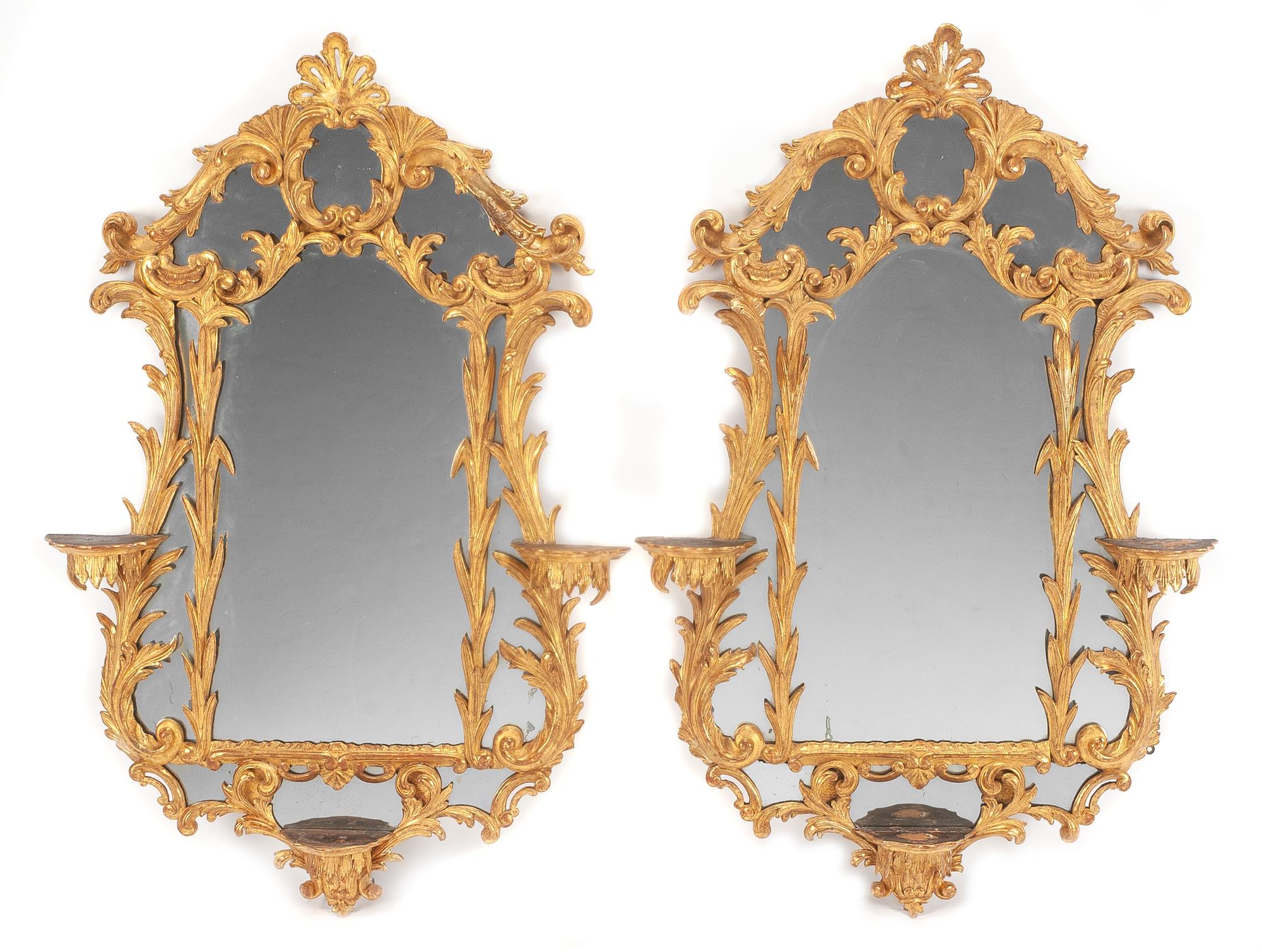 A Pair of Chippendale Style Carved Giltwood Mirrors Height 42 x width 27 inches. — CIRCA 1800