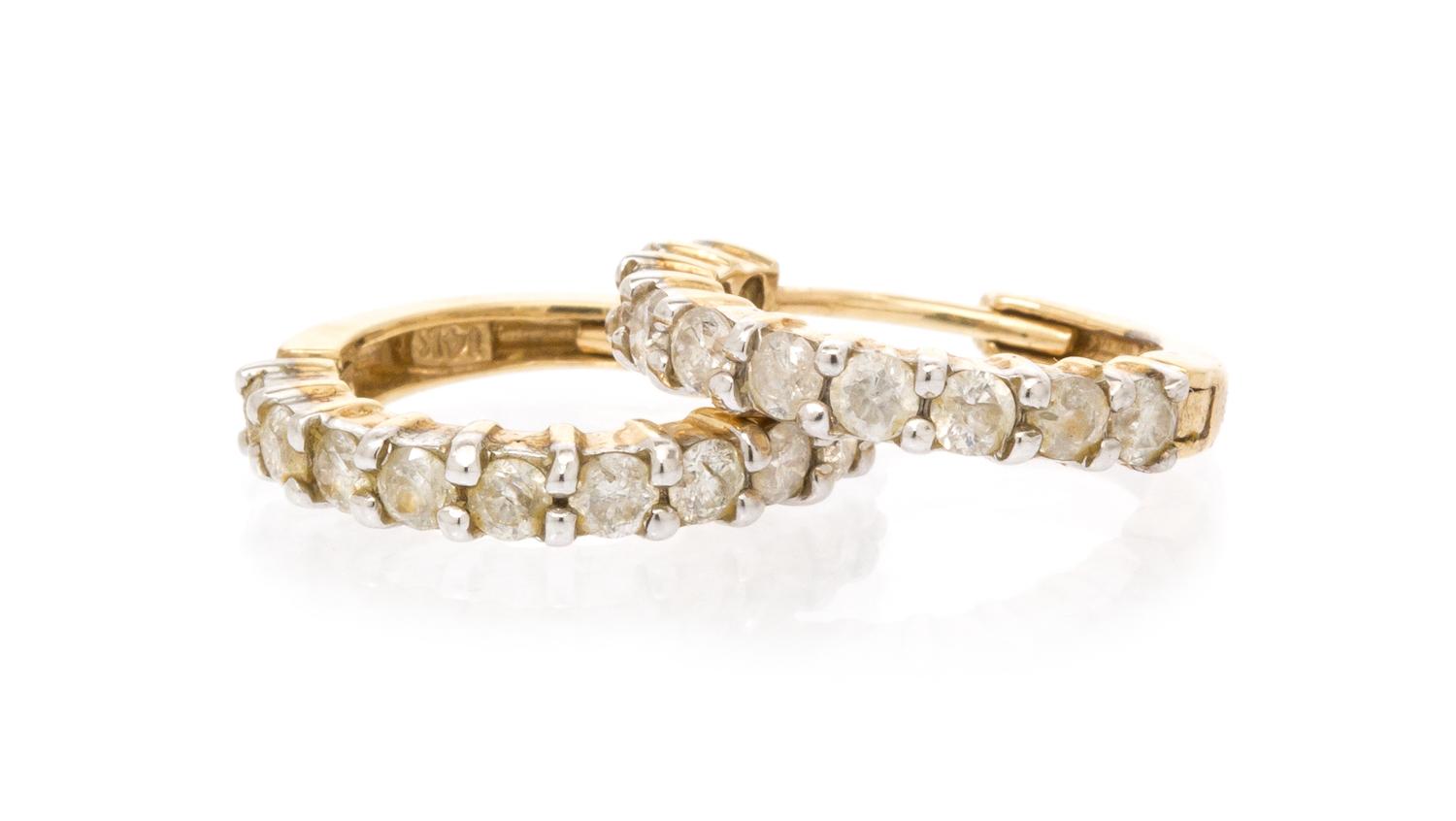 A Pair of 14 Karat Yellow Gold and Diamond Hoop Earrings, 2.25 dwts.