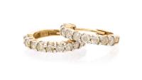 A Pair of 14 Karat Yellow Gold and Diamond Hoop Earrings, 2.25 dwts.