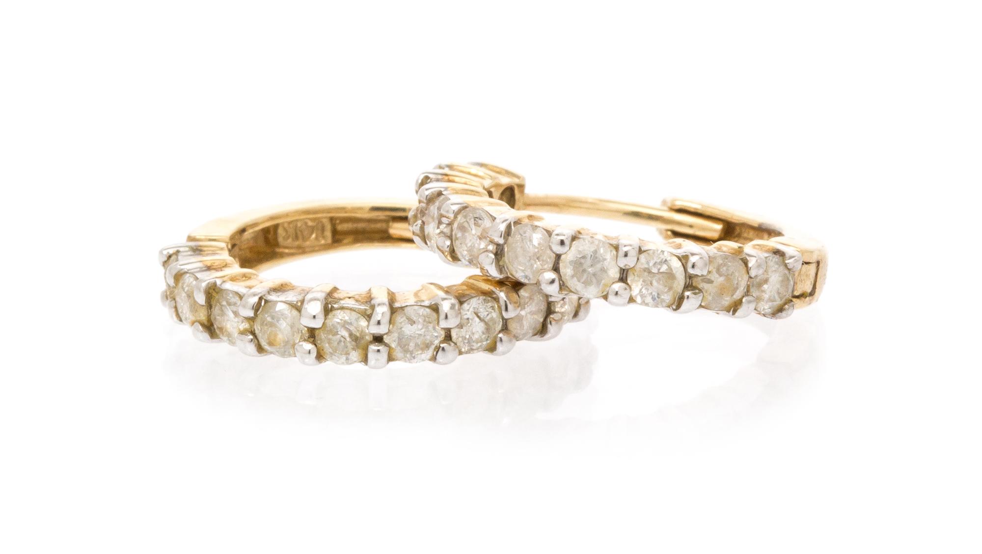 A Pair of 14 Karat Yellow Gold and Diamond Hoop Earrings, 2.25 dwts.