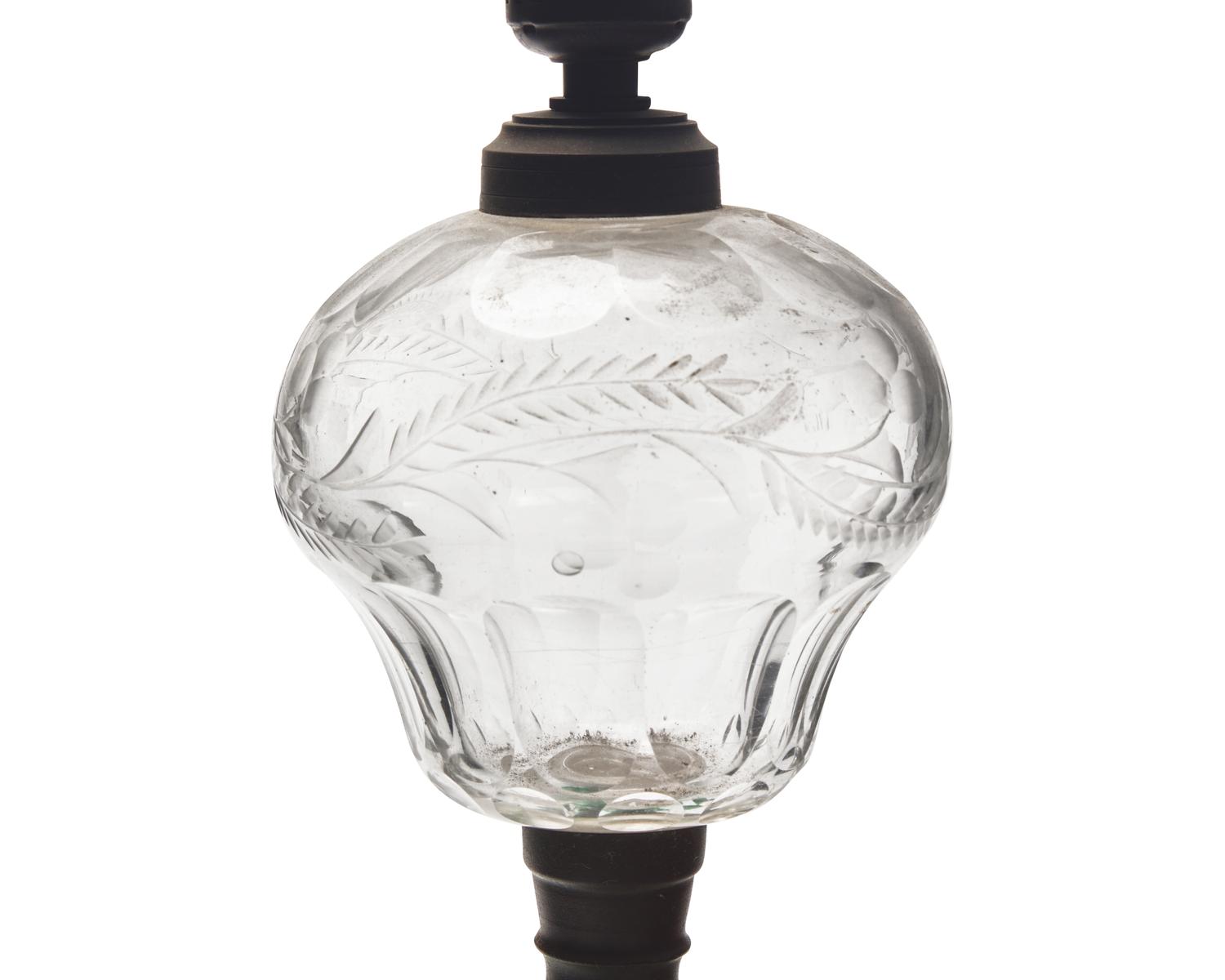 A Pressed Jade Green and Etched Clear Glass Kerosene Lamp