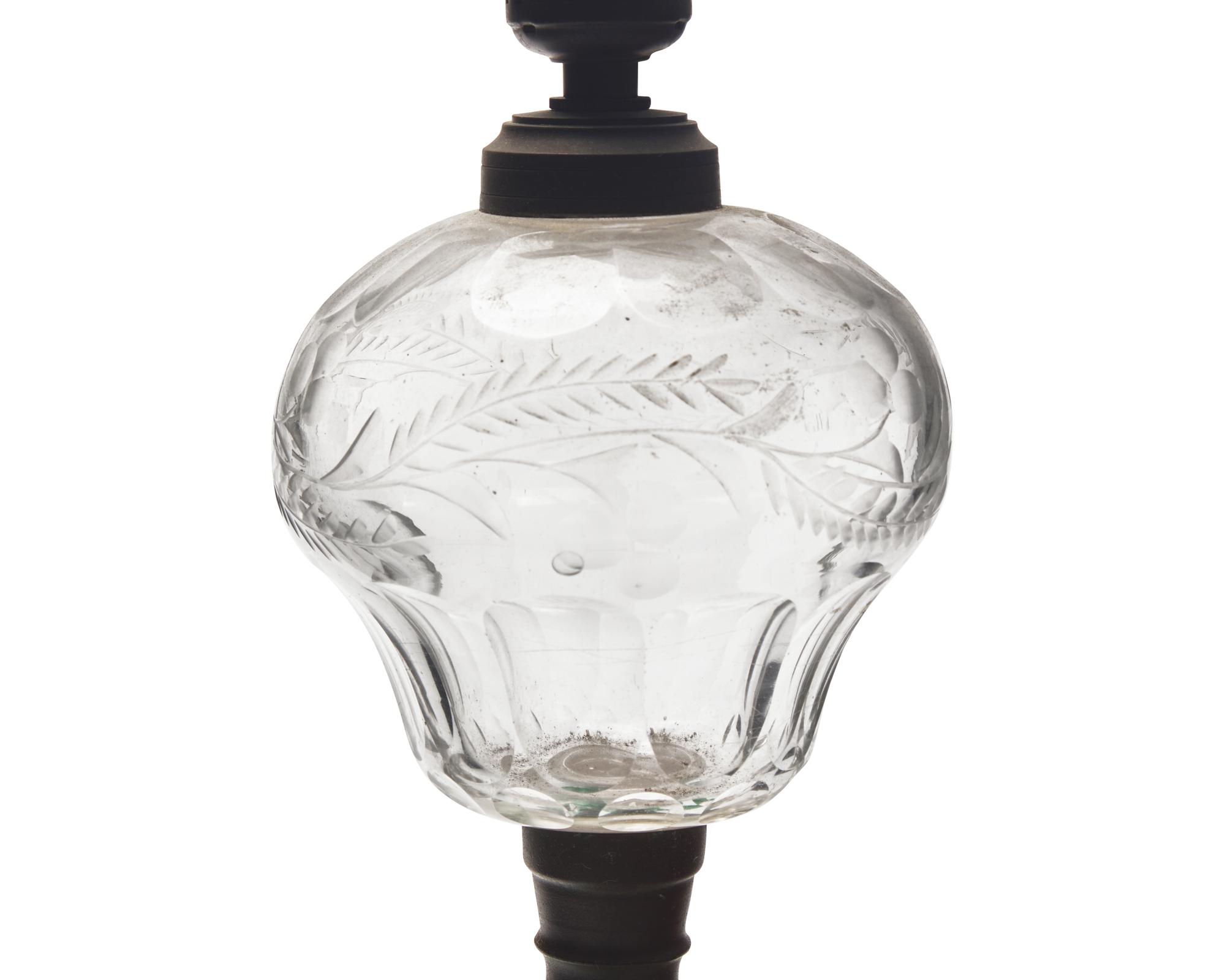 A Pressed Jade Green and Etched Clear Glass Kerosene Lamp